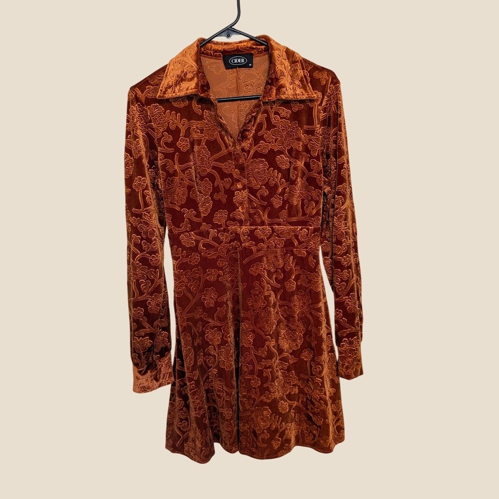 Cider Floral Jacquard Velvet Mini Shirt Dress Burnt Orange Long Sleeve Medium - Picture 2 of 6